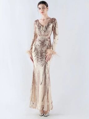 Glamorous Long Sleeve Sequin Dress With Ostrich Feathers